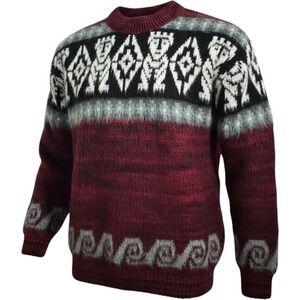 Artisan Wool Sweater Handmade Ecuador Shaggy Knit Husky Dog Artesian Burgundy